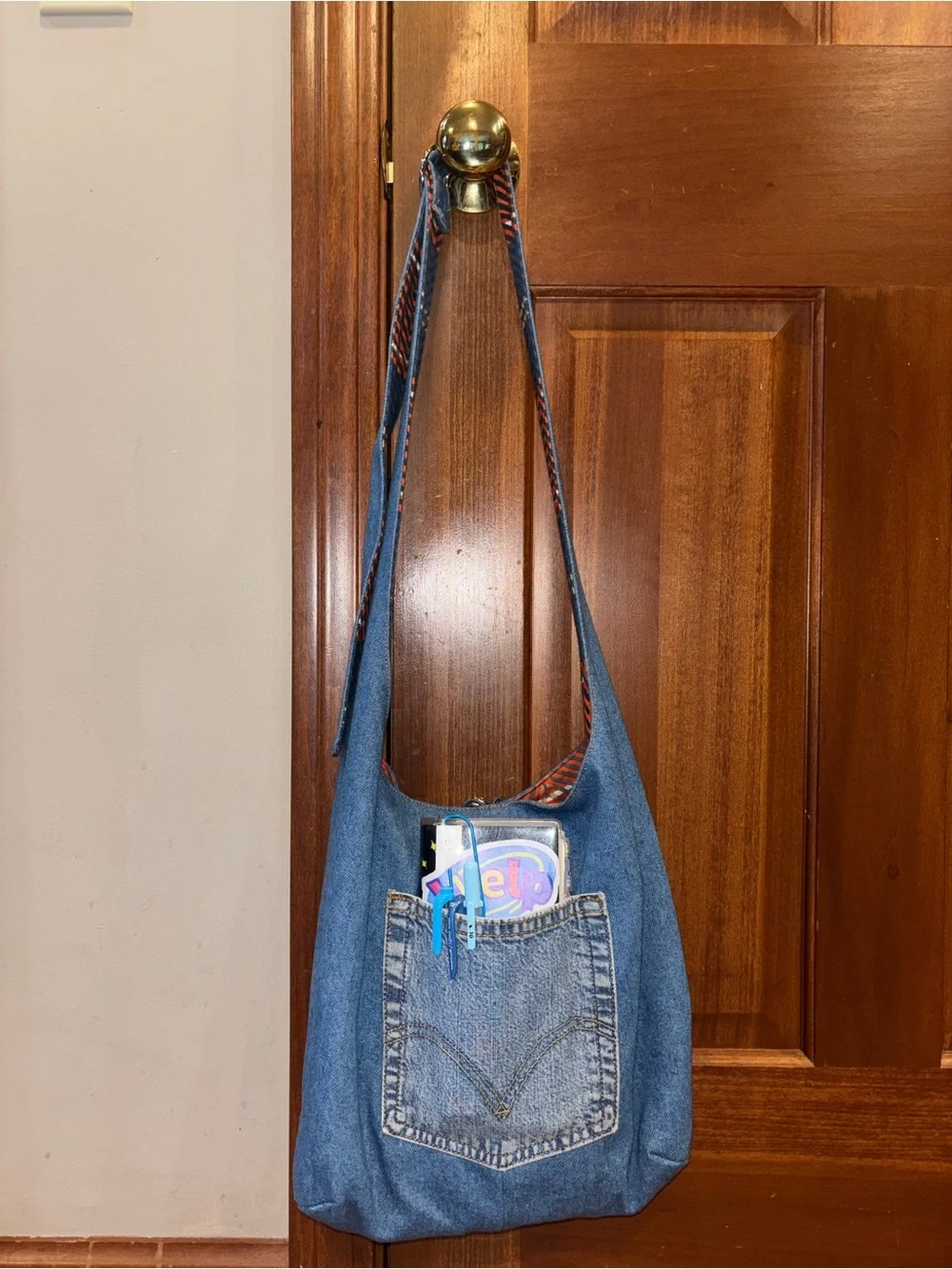Reversible Handmade Denim & Plaid Crossbody Tote Bag travel reading